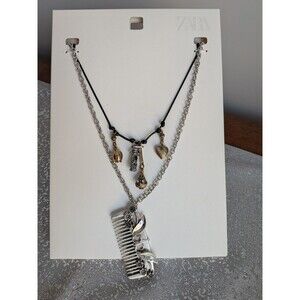 ZARA Woman NEW 2-Pack Necklaces Silver + Gold Metal Comb Charms Rhinestone Boho